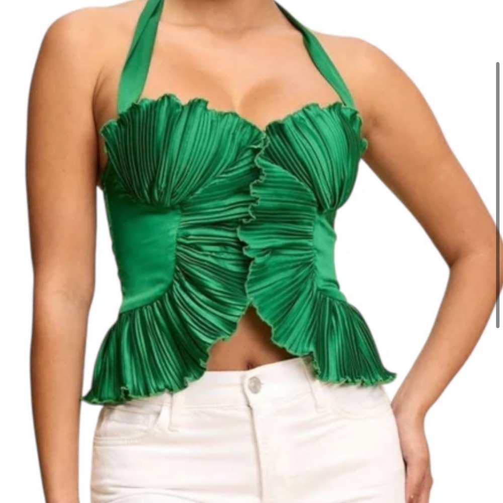 Green Halter Pleated Women's Top